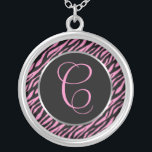 Roze Zebra Afdrukken Fancy letter C Zilver Vergulden Ketting<br><div class="desc">De letter A van het manuscript in roze op een zwarte en roze zebra drukachtergrond.</div>
