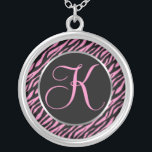 Roze Zebra Afdrukken Fancy letter K Zilver Vergulden Ketting<br><div class="desc">De letter K van het manuscript in roze op een zwarte en roze zebra drukachtergrond.</div>