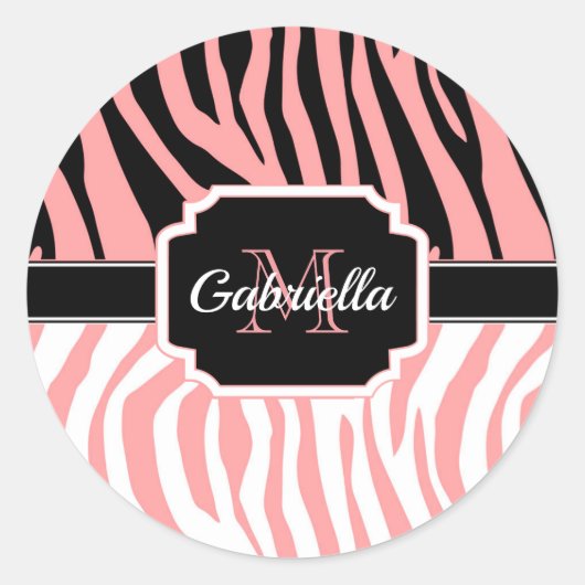 Roze Zebra Afdrukken Ronde Sticker (Voorkant)