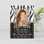 Roze Zebra Afstuderen Foto aankondiging uitnodigin (Staand voorkant)