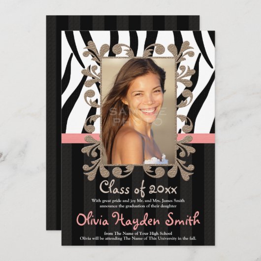 Roze Zebra Afstuderen Foto aankondiging uitnodigin (Voorkant / Achterkant)