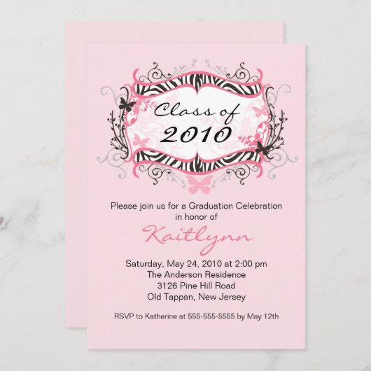 Roze Zebra Afstuderen Uitnodiging (Voorkant / Achterkant)