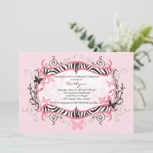 Roze Zebra Afstuderen Uitnodiging (Staand voorkant)