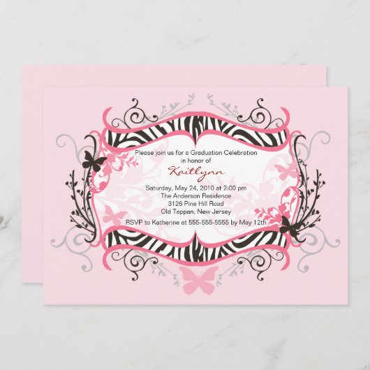 Roze Zebra Afstuderen Uitnodiging (Voorkant / Achterkant)