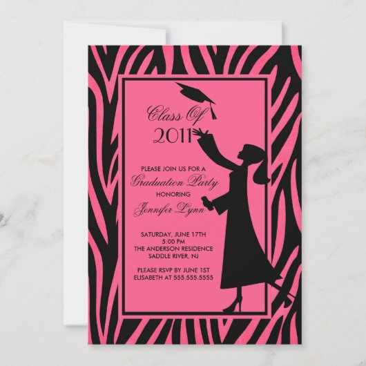Roze Zebra Afstuderen Uitnodiging Silhouette Afstu (Voorkant)