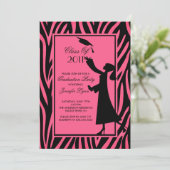 Roze Zebra Afstuderen Uitnodiging Silhouette Afstu (Staand voorkant)