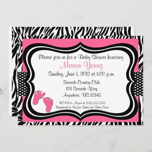 Roze Zebra Baby Druk Baby shower Uitnodiging (Voorkant / Achterkant)