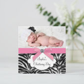 Roze Zebra Baby Meisje Foto doop Kaart (Staand voorkant)