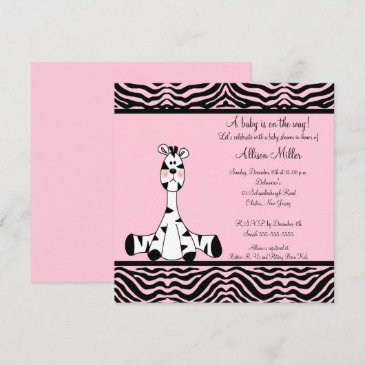 Roze Zebra Baby shower Uitnodiging (Voorkant / Achterkant)
