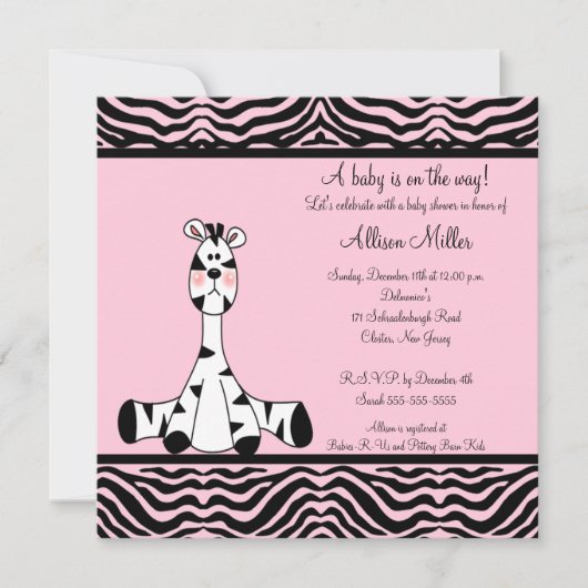 Roze Zebra Baby shower Uitnodiging (Voorkant)