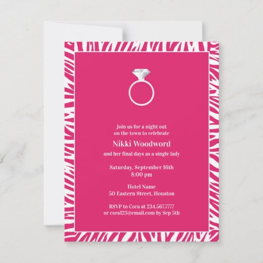 Roze Zebra Bachelorette Party Flat Invitation Kaart (Voorkant)