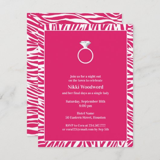 Roze Zebra Bachelorette Party Flat Invitation Kaart (Voorkant / Achterkant)