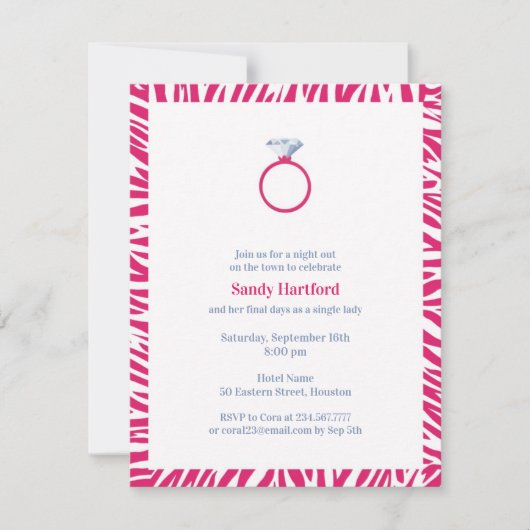 Roze Zebra Bachelorette Party Flat Invitation Kaart (Voorkant)