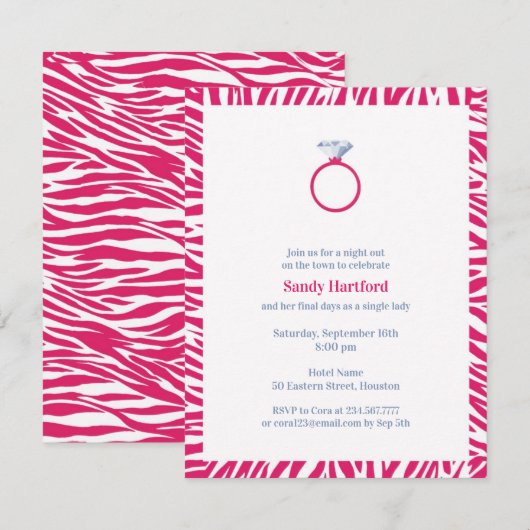 Roze Zebra Bachelorette Party Flat Invitation Kaart (Voorkant / Achterkant)