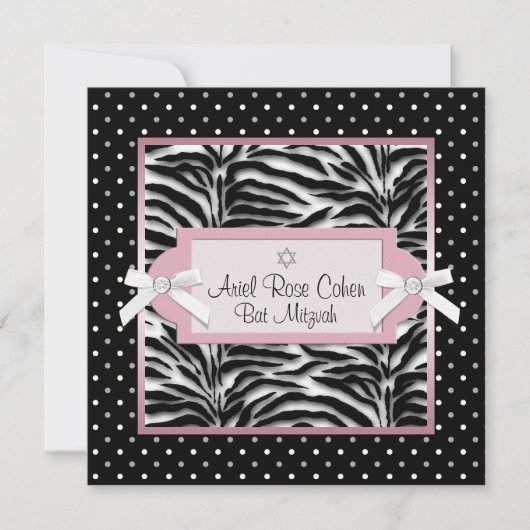Roze zebra Bat Mitzvah uitnodigingen met polka sti (Voorkant)