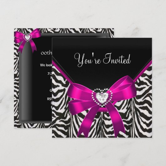 Roze Zebra Black White Birthday Party Kaart (Voorkant / Achterkant)