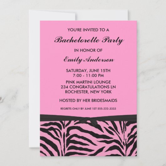 Roze Zebra Bruidsfeest Uitnodigingen (Voorkant)