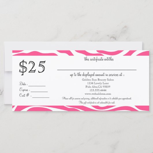 Roze Zebra Cadeaubon: Rack Kaart (Achterkant)