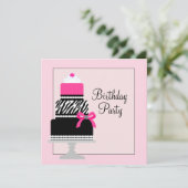 Roze Zebra Cake Cupcake Verjaardagsfeest Uitnodigi Kaart (Staand voorkant)
