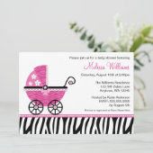Roze Zebra Carriage Baby Shower Invitations Kaart (Staand voorkant)