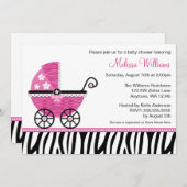 Roze Zebra Carriage Baby Shower Invitations Kaart (Voorkant / Achterkant)