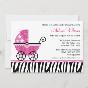 Roze Zebra Carriage Baby Shower Invitations Kaart