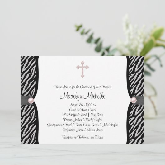 Roze Zebra Christening Kaart (Staand voorkant)