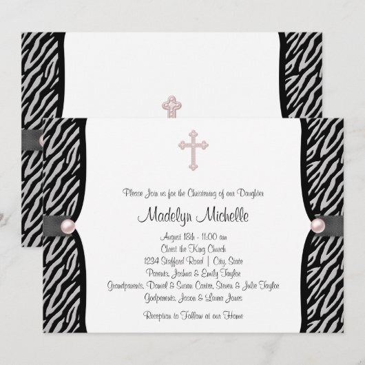 Roze Zebra Christening Kaart (Voorkant / Achterkant)