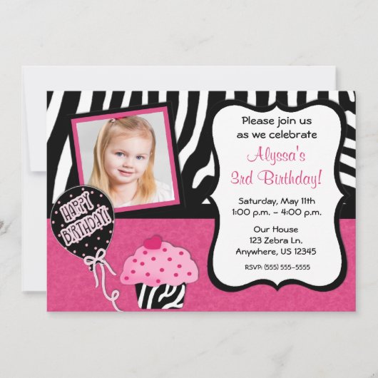 Roze Zebra Cupcake Girls Birthday Uitnodiging (Voorkant)