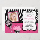 Roze Zebra Cupcake Girls Birthday Uitnodiging (Voorkant / Achterkant)