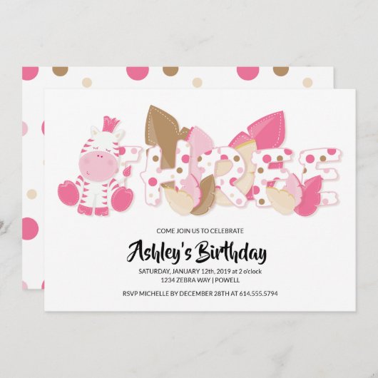 Roze Zebra derde uitnodiging (Voorkant / Achterkant)