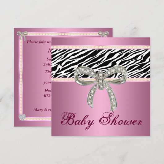Roze Zebra Diamond Bow Baby shower Uitnodiging (Voorkant / Achterkant)