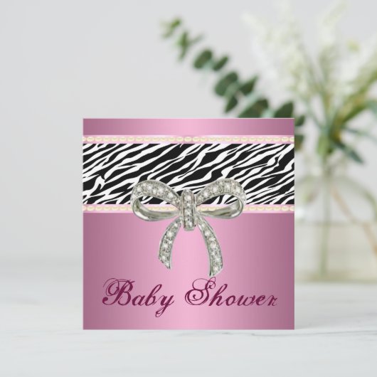 Roze Zebra Diamond Bow Baby shower Uitnodiging (Staand voorkant)