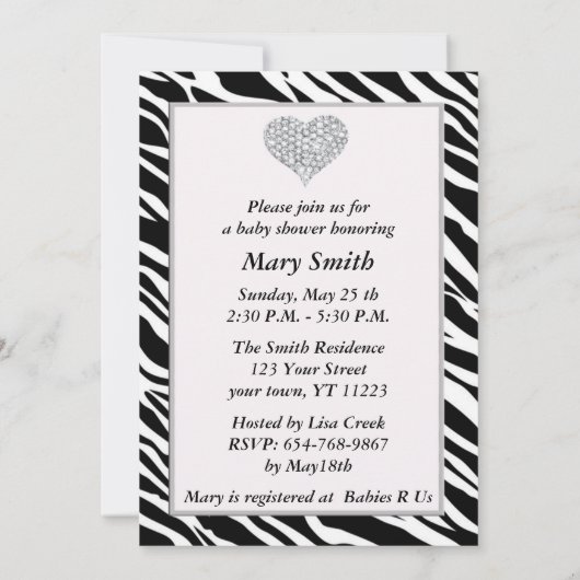 Roze Zebra Diamond Hart Baby shower Invitation Kaart (Achterkant)