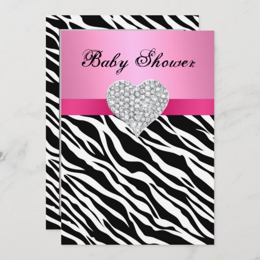 Roze Zebra Diamond Hart Baby shower Invitation Kaart (Voorkant / Achterkant)