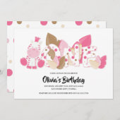 Roze Zebra eerste uitnodiging van de Birthday Part (Voorkant / Achterkant)