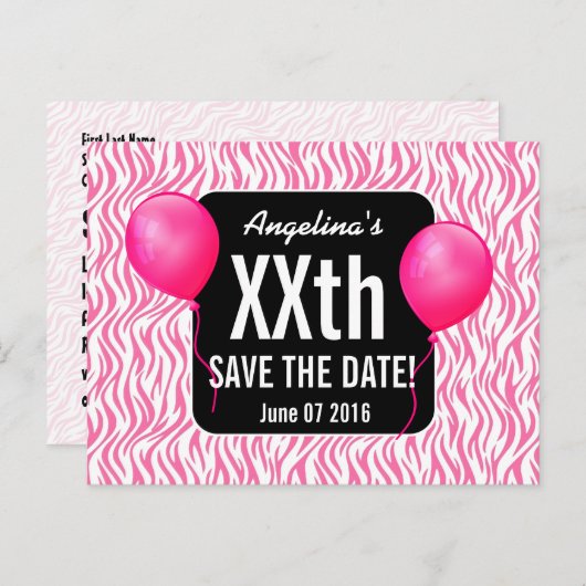 Roze Zebra en ballonnen elk jaar Verjaardag B03M Aankondigingskaart (Voorkant / Achterkant)