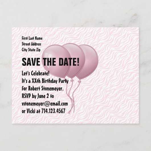 Roze Zebra en ballonnen elk jaar Verjaardag B03M Aankondigingskaart (Achterkant)