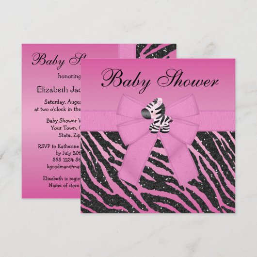 Roze Zebra en Butterflies Faux Glitter Baby shower Kaart (Voorkant / Achterkant)
