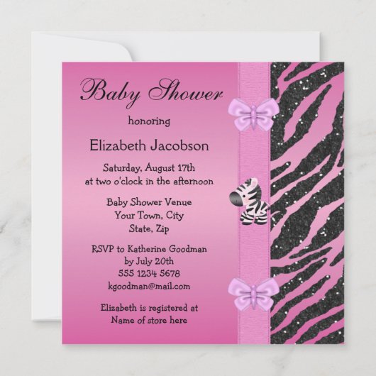 Roze Zebra en Butterflies Faux Glitter Baby shower Kaart (Achterkant)