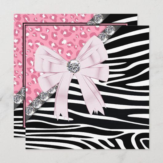 Roze Zebra en Leopard Sweet 16 Party Kaart (Voorkant / Achterkant)
