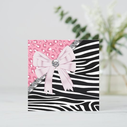  Roze Zebra en Leopard Sweet 16 Party Kaart (Staand voorkant)