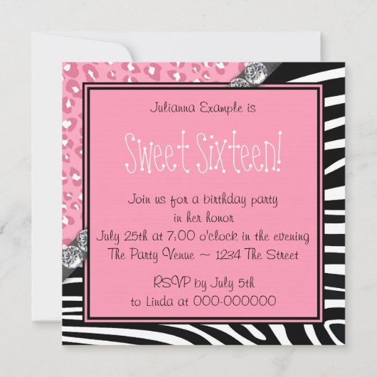 Roze Zebra en Leopard Sweet 16 Party Kaart (Achterkant)