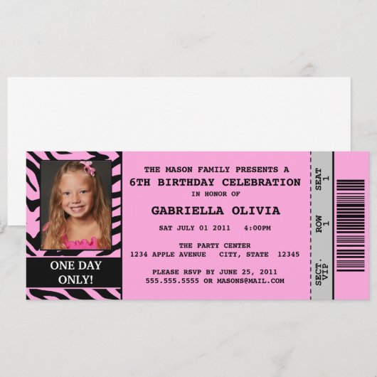 Roze Zebra Event Ticket Birthday Party Invitation Kaart (Voorkant / Achterkant)