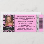 Roze Zebra Event Ticket Birthday Party Invitation Kaart (Voorkant)