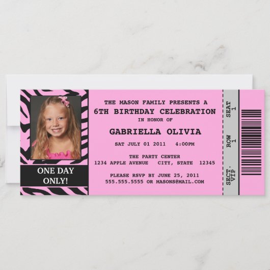 Roze Zebra Event Ticket Birthday Party Invitation Kaart (Voorkant)