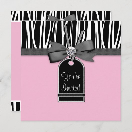 Roze Zebra Feest Uitnodiging Sjabloon (Voorkant / Achterkant)