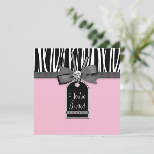 Roze Zebra Feest Uitnodiging Sjabloon (Staand voorkant)