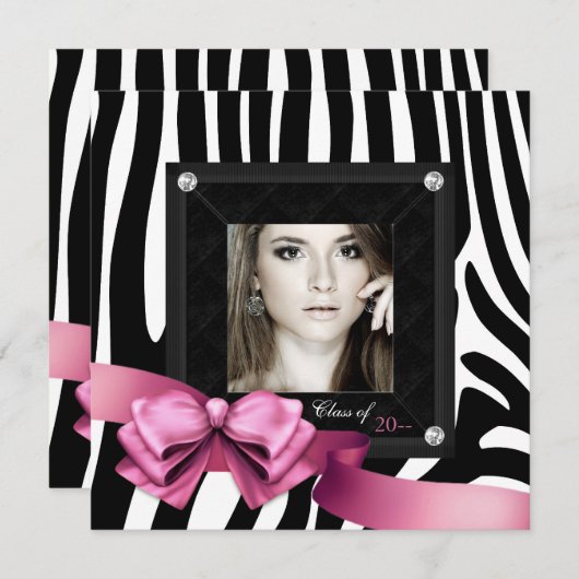 Roze Zebra Foto Afstudeer Uitnodigingen (Voorkant / Achterkant)