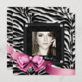 Roze Zebra Foto Afstudeer Uitnodigingen (Voorkant / Achterkant)